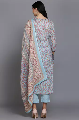 blue color embroidered cotton blend styles kurta trouser with dupatta