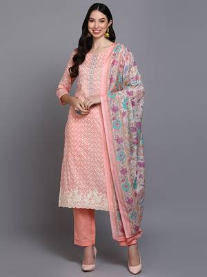 peach color printed pure cotton styles kurta trouser with dupatta 1