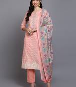 peach color printed pure cotton styles kurta trouser with dupatta