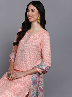 peach color printed pure cotton styles kurta trouser with dupatta 2