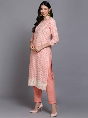 peach color printed pure cotton styles kurta trouser with dupatta 3