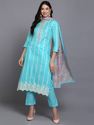 turquoise blue color printed rayon styles kurta trouser with dupatta 1