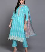 turquoise blue color printed rayon styles kurta trouser with dupatta