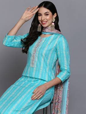 turquoise blue color printed rayon styles kurta trouser with dupatta 2