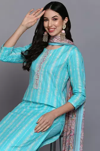 turquoise blue color printed rayon styles kurta trouser with dupatta