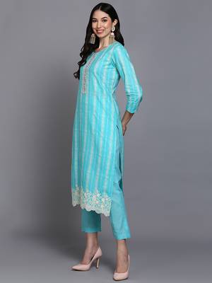 turquoise blue color printed rayon styles kurta trouser with dupatta 3