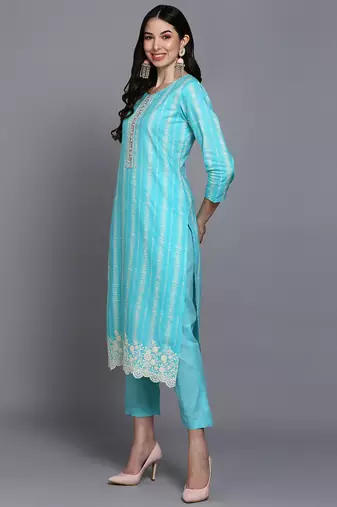 turquoise blue color printed rayon styles kurta trouser with dupatta