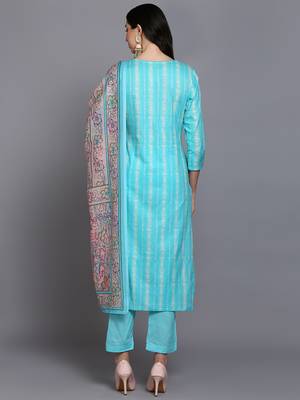 turquoise blue color printed rayon styles kurta trouser with dupatta 4