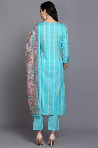 turquoise blue color printed rayon styles kurta trouser with dupatta