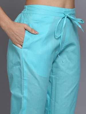 turquoise blue color printed rayon styles kurta trouser with dupatta 5