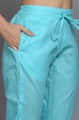 turquoise blue color printed rayon styles kurta trouser with dupatta
