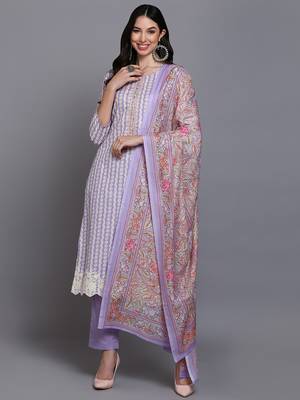 lavender color printed rayon styles kurta trouser with dupatta 1