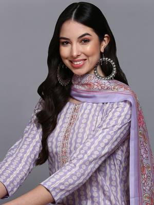 lavender color printed rayon styles kurta trouser with dupatta 2