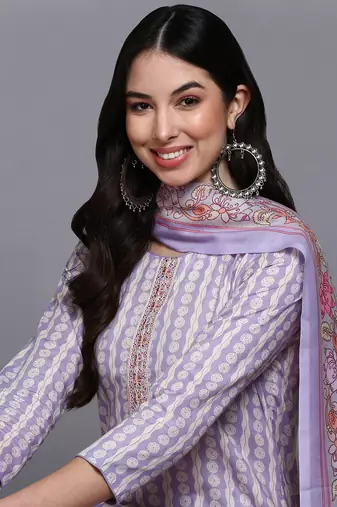 lavender color printed rayon styles kurta trouser with dupatta