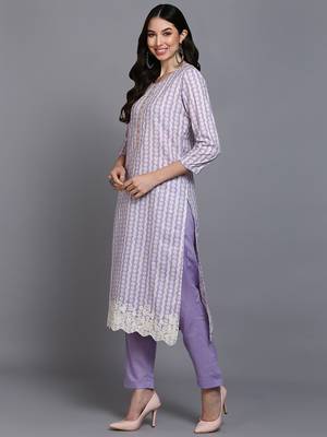 lavender color printed rayon styles kurta trouser with dupatta 3