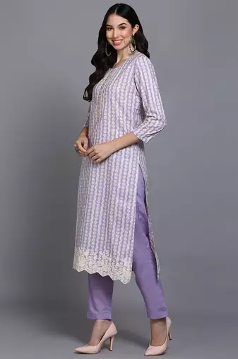 lavender color printed rayon styles kurta trouser with dupatta