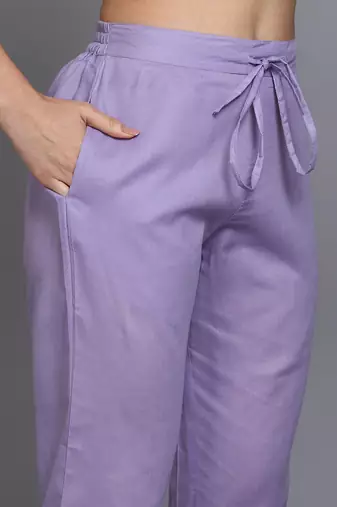 lavender color printed rayon styles kurta trouser with dupatta