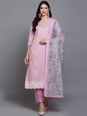 pink color printed rayon styles kurta trouser with dupatta 1