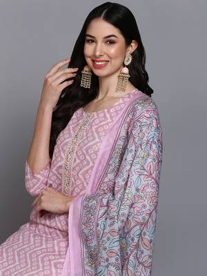 pink color printed rayon styles kurta trouser with dupatta 2