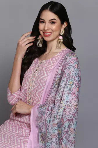 pink color printed rayon styles kurta trouser with dupatta