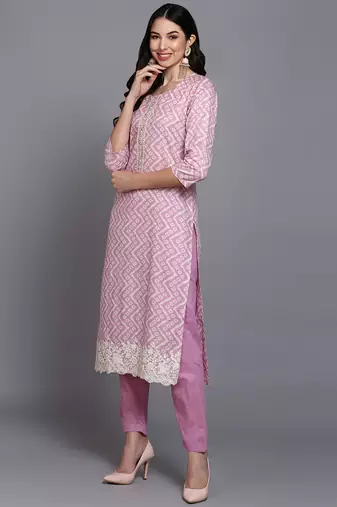 pink color printed rayon styles kurta trouser with dupatta