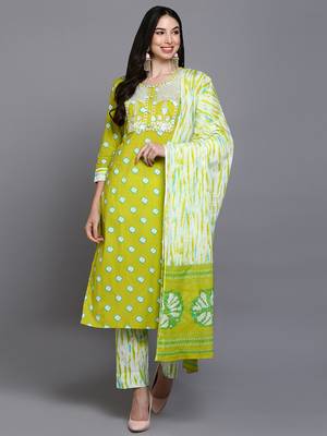 green color embroidered pure cotton styles kurta trouser with dupatta 1