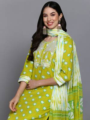 green color embroidered pure cotton styles kurta trouser with dupatta 2