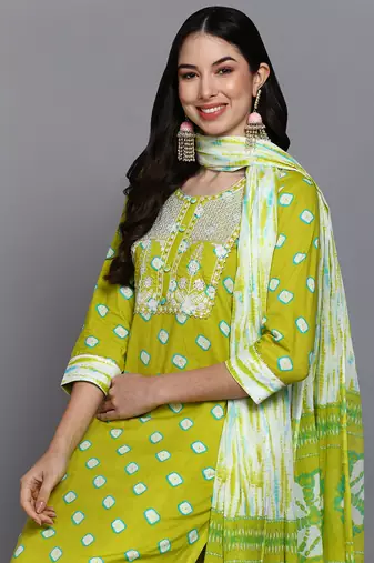 green color embroidered pure cotton styles kurta trouser with dupatta