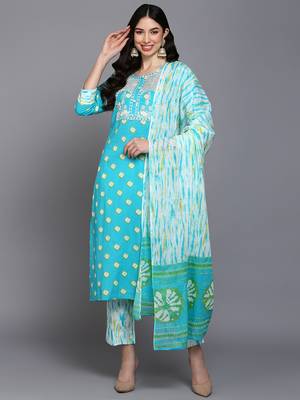 blue color embroidered pure cotton styles kurta trouser with dupatta 1