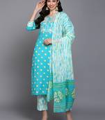 blue color embroidered pure cotton styles kurta trouser with dupatta