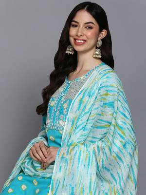 blue color embroidered pure cotton styles kurta trouser with dupatta 2