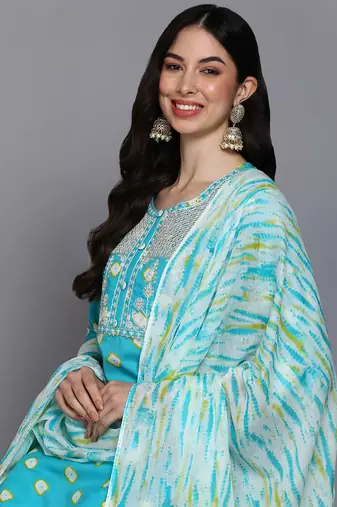 blue color embroidered pure cotton styles kurta trouser with dupatta
