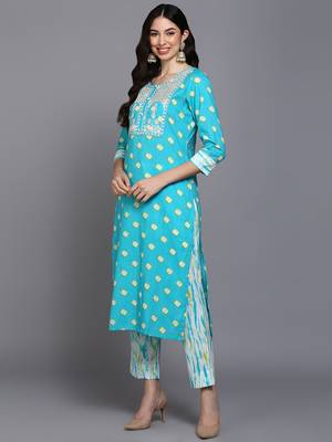 blue color embroidered pure cotton styles kurta trouser with dupatta 3