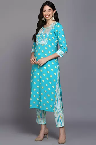 blue color embroidered pure cotton styles kurta trouser with dupatta