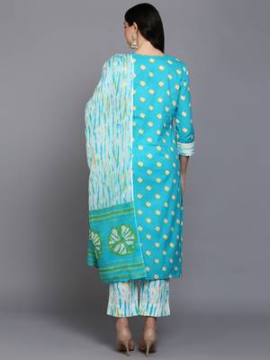 blue color embroidered pure cotton styles kurta trouser with dupatta 4