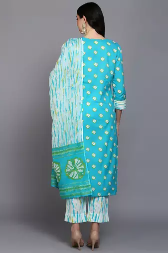 blue color embroidered pure cotton styles kurta trouser with dupatta