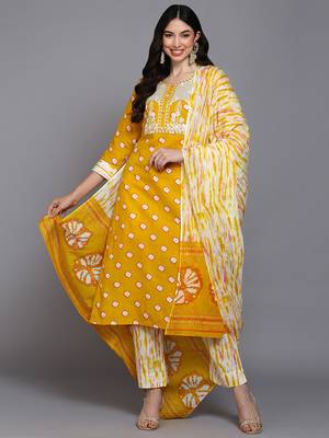 yellow color embroidered pure cotton styles kurta trouser with dupatta 1