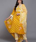 yellow color embroidered pure cotton styles kurta trouser with dupatta