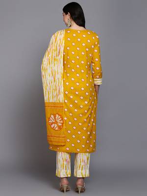 yellow color embroidered pure cotton styles kurta trouser with dupatta 4