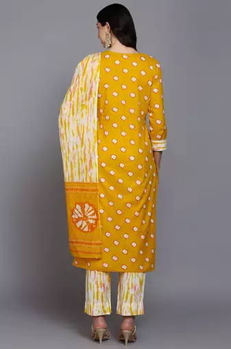 yellow color embroidered pure cotton styles kurta trouser with dupatta