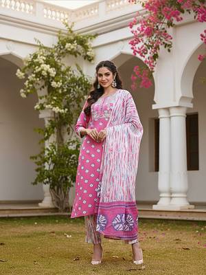 pink color embroidered pure cotton styles kurta trouser with dupatta 1