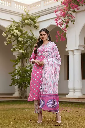 pink color embroidered pure cotton styles kurta trouser with dupatta
