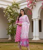 pink color embroidered pure cotton styles kurta trouser with dupatta