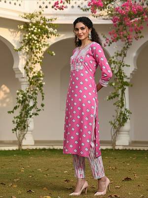pink color embroidered pure cotton styles kurta trouser with dupatta 3