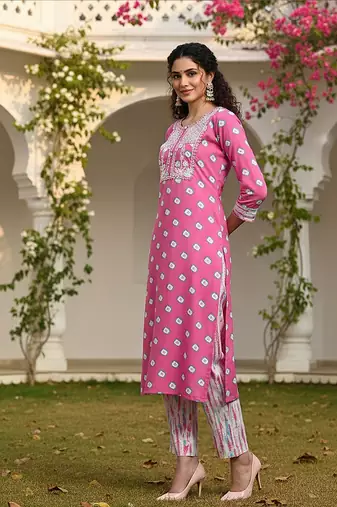 pink color embroidered pure cotton styles kurta trouser with dupatta