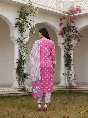pink color embroidered pure cotton styles kurta trouser with dupatta 4