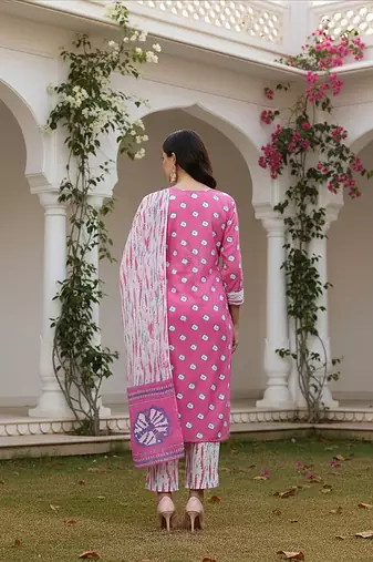 pink color embroidered pure cotton styles kurta trouser with dupatta