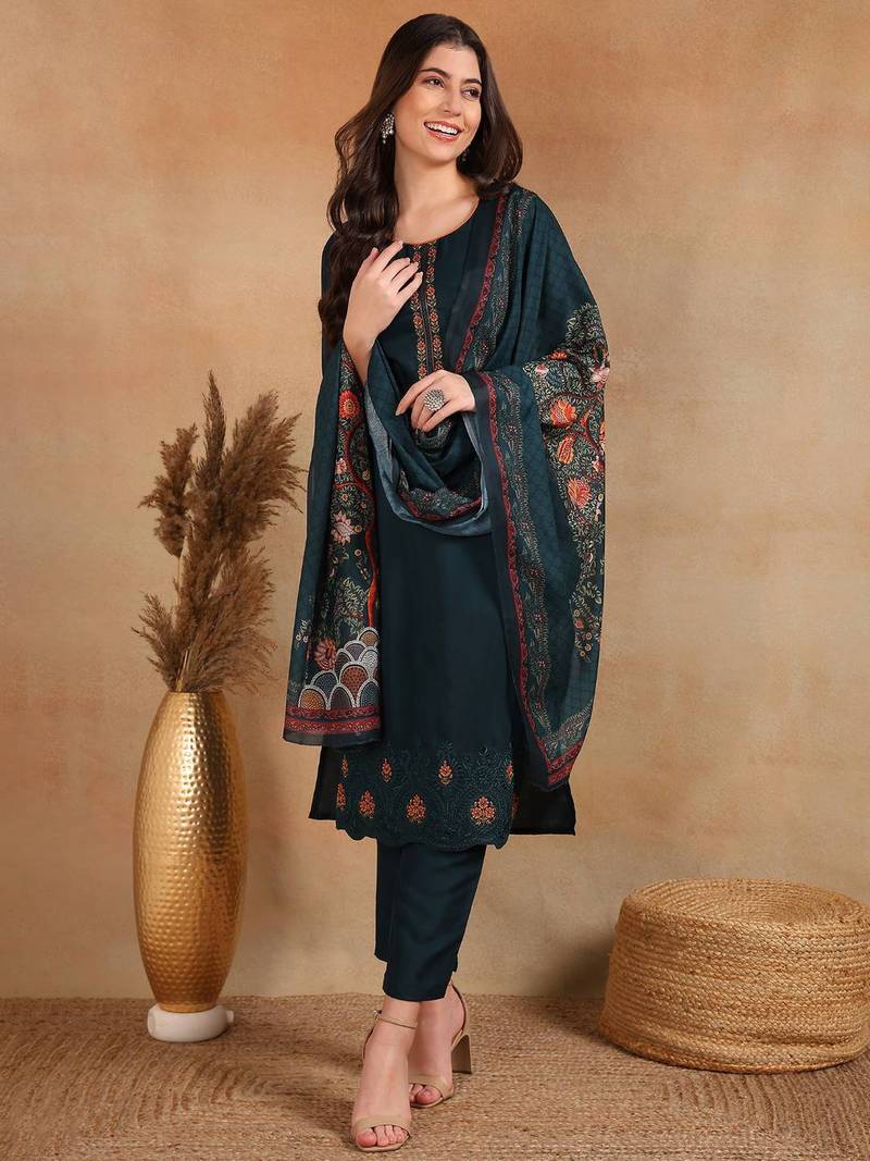 green color embroidered silk blend styles kurta trouser with dupatta