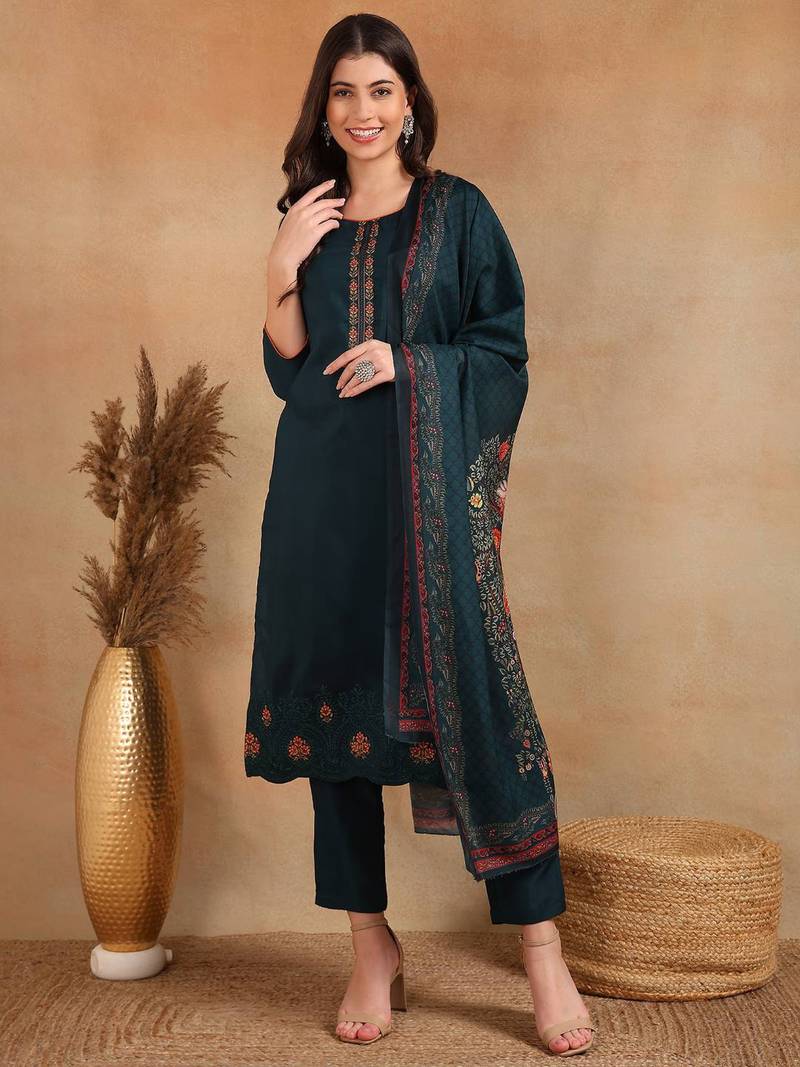 green color embroidered silk blend styles kurta trouser with dupatta