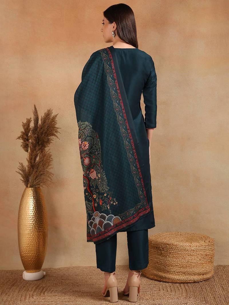 green color embroidered silk blend styles kurta trouser with dupatta